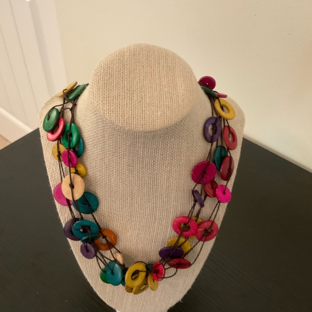 Multicolor Button Wood Disc Necklace